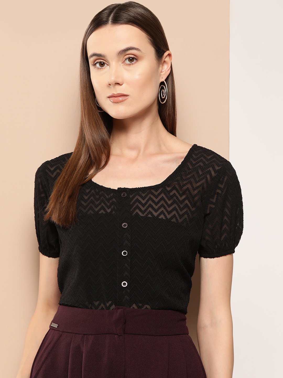 

INVICTUS Self Design Puff Sleeve Georgette Top, Black