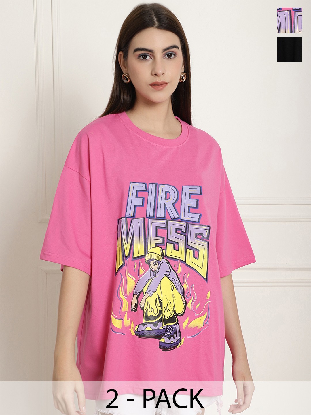 

Fabflee Pack Of 2 Typography Printed Cotton Drop Shoulder Sleeves Oversized T-Shirt, Pink