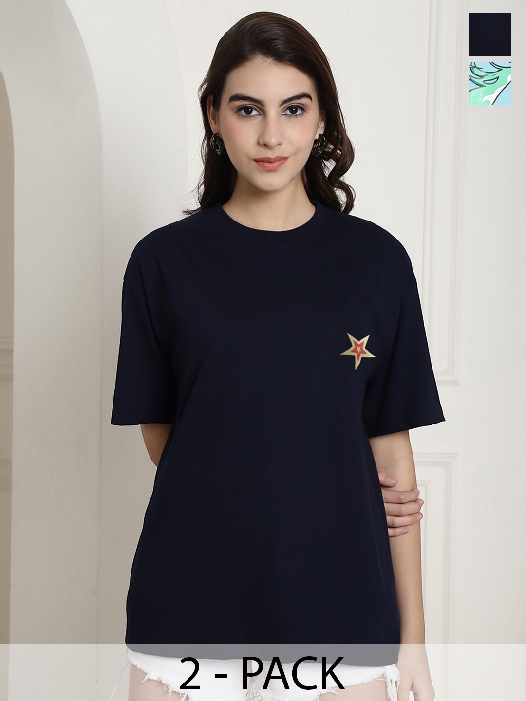 

Fabflee Pack Of 2 Printed Drop-Shoulder Sleeves Cotton Oversized T-shirts, Blue