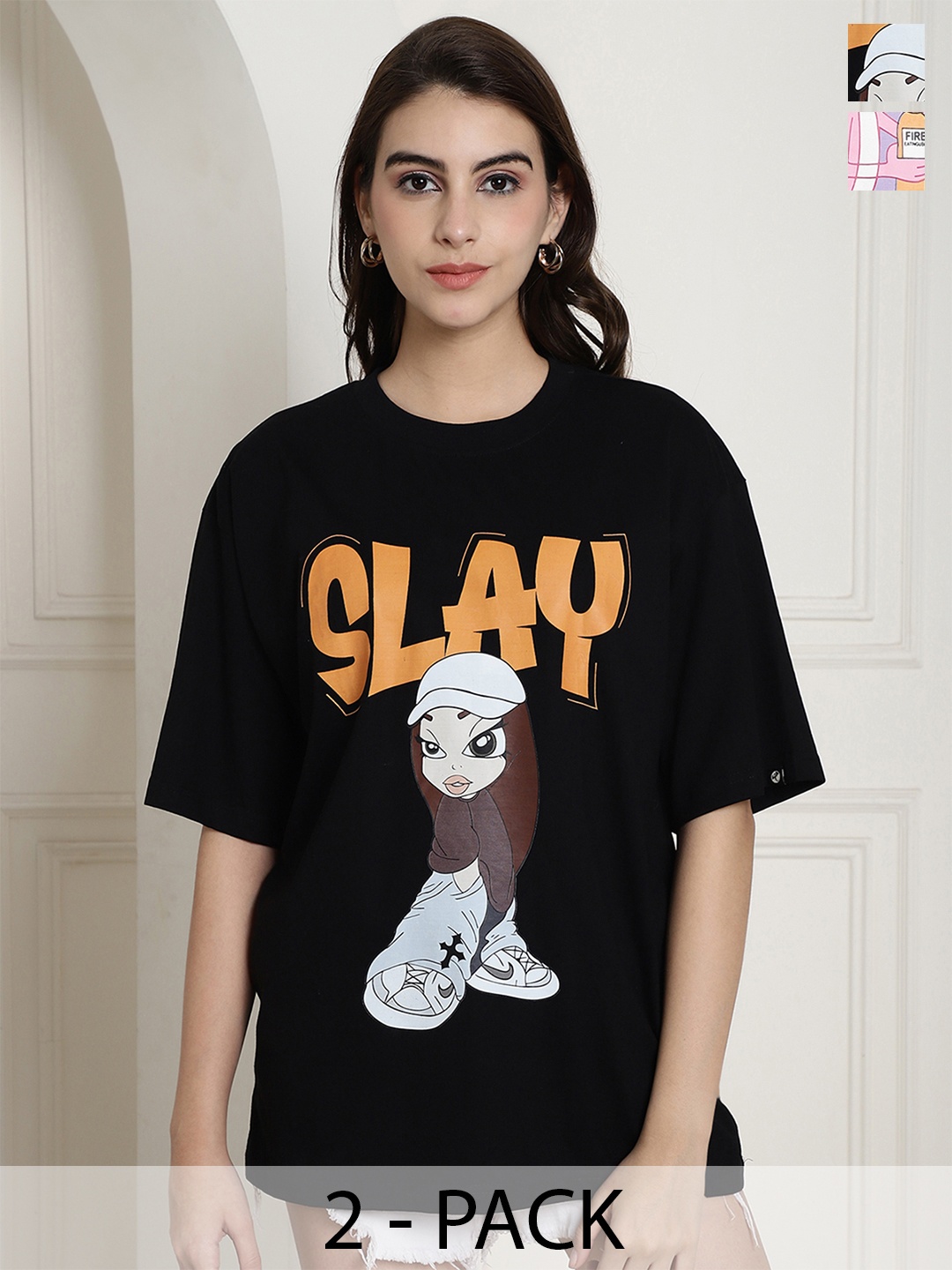 

Fabflee Pack Of 2 Printed Drop-Shoulder Sleeves Cotton Oversized T-shirt, Black
