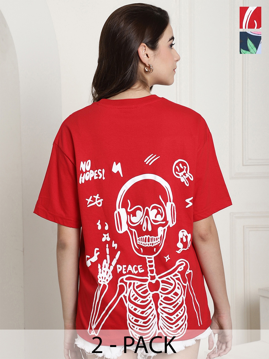 

Fabflee Pack Of 2 Printed Drop-Shoulder Sleeves Cotton Oversize T-shirt, Red