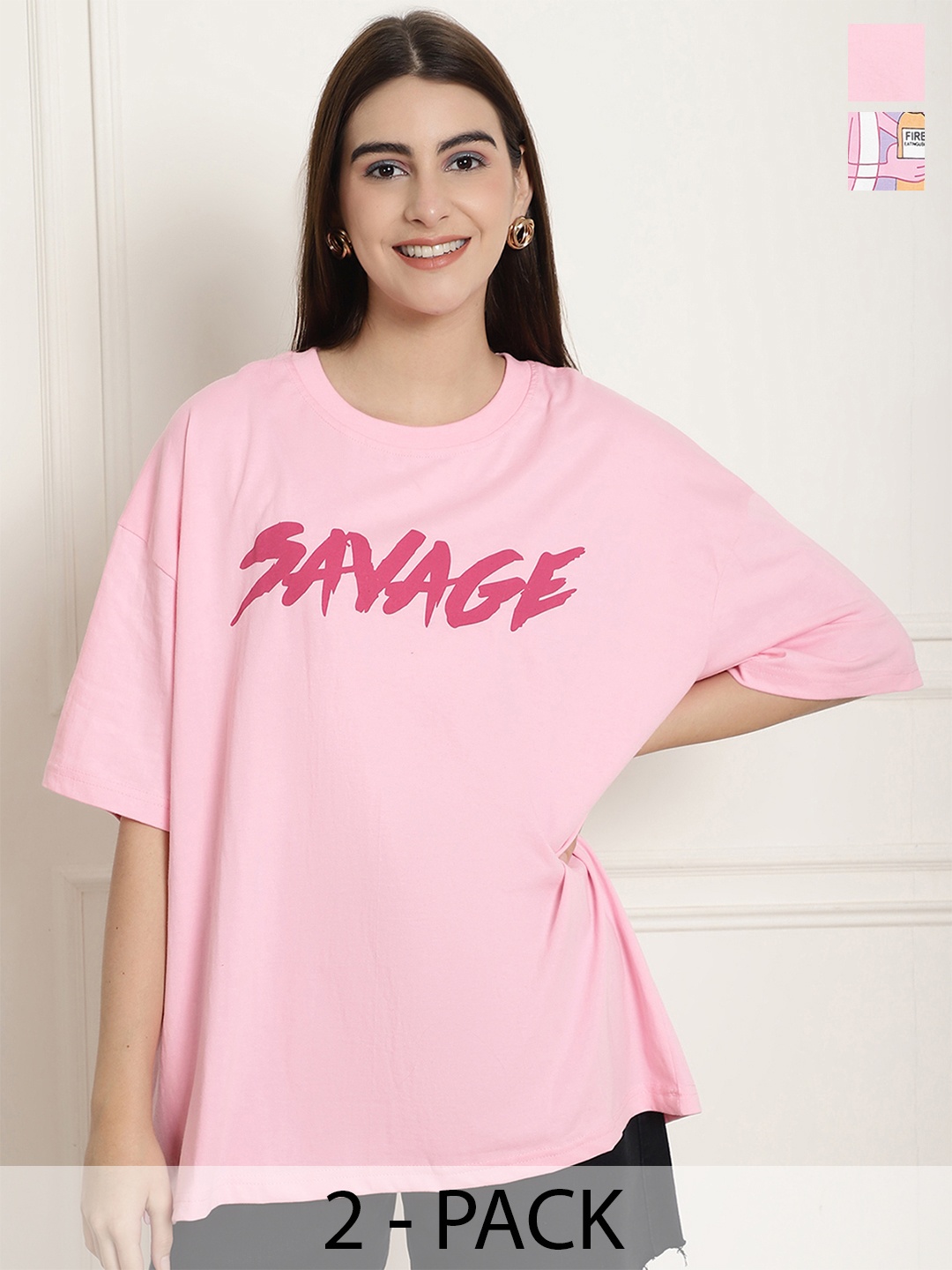 

Fabflee Pack Of 2 Typography Printed Cotton Drop Shoulder Sleeves Oversized T-Shirt, Pink