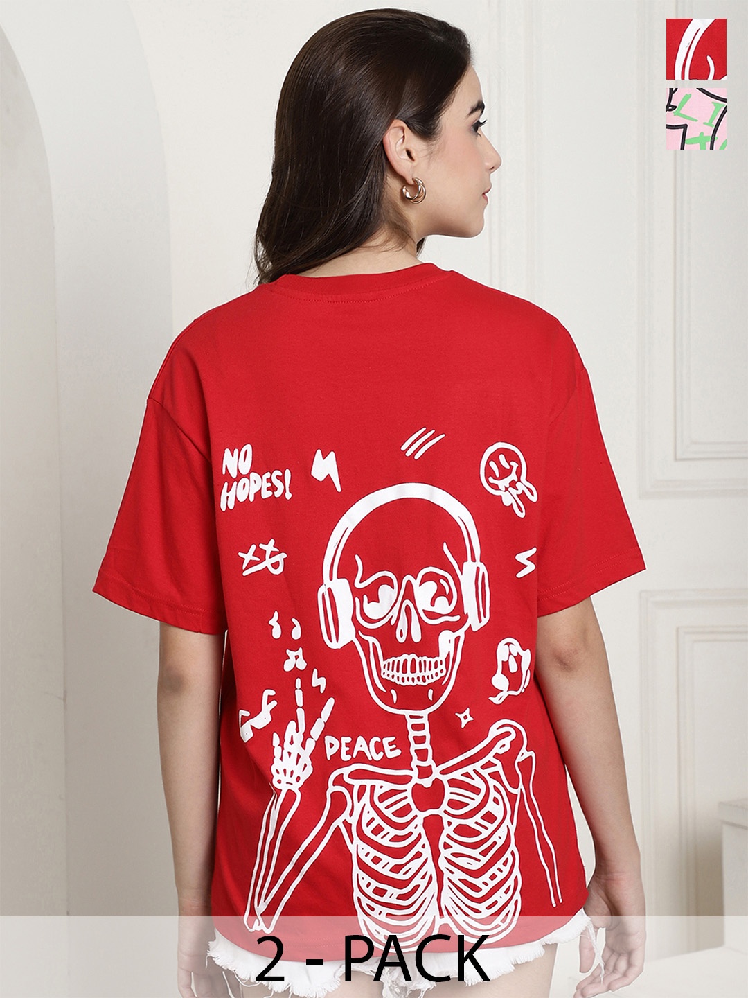 Fabflee Pack Of 2 Typography Printed Cotton Drop Shoulder Sleeves Oversized T-Shirt, Red