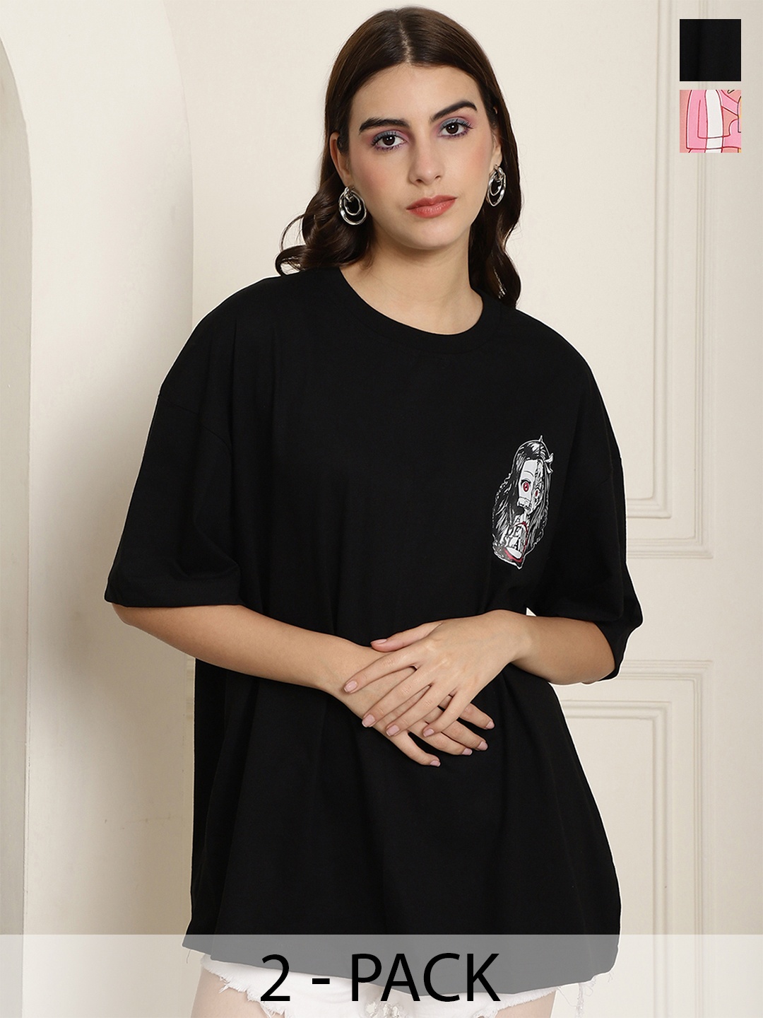 

Fabflee Pack of 2 Graphic Printed Drop Shoulder Sleeves Cotton Oversized T-shirt, Black