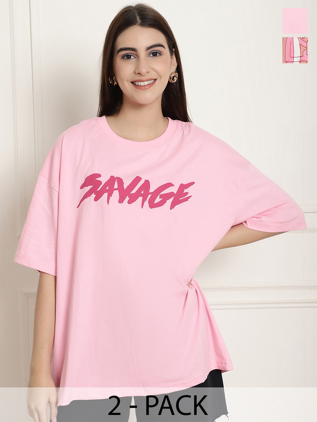 

Fabflee Pack of 2 Graphic Printed Drop Shoulder Sleeves Cotton Oversized T-shirt, Pink