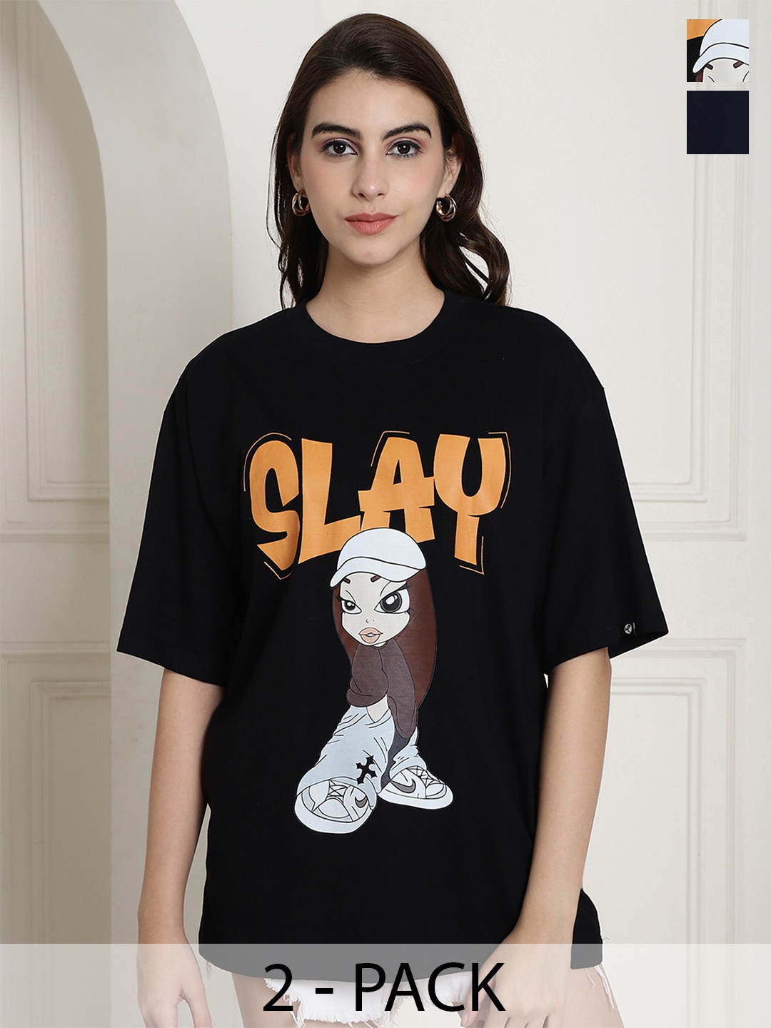 

Fabflee Pack Of 2 Printed Drop-Shoulder Sleeves Oversized T-shirt, Black