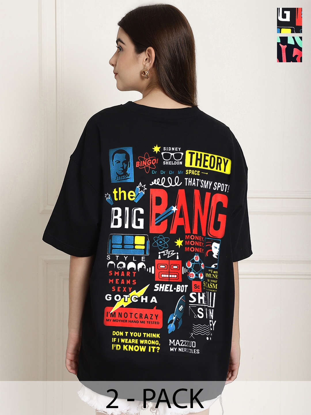 

Fabflee Pack Of 2 Printed Drop-Shoulder Sleeves Oversized T-shirt, Black
