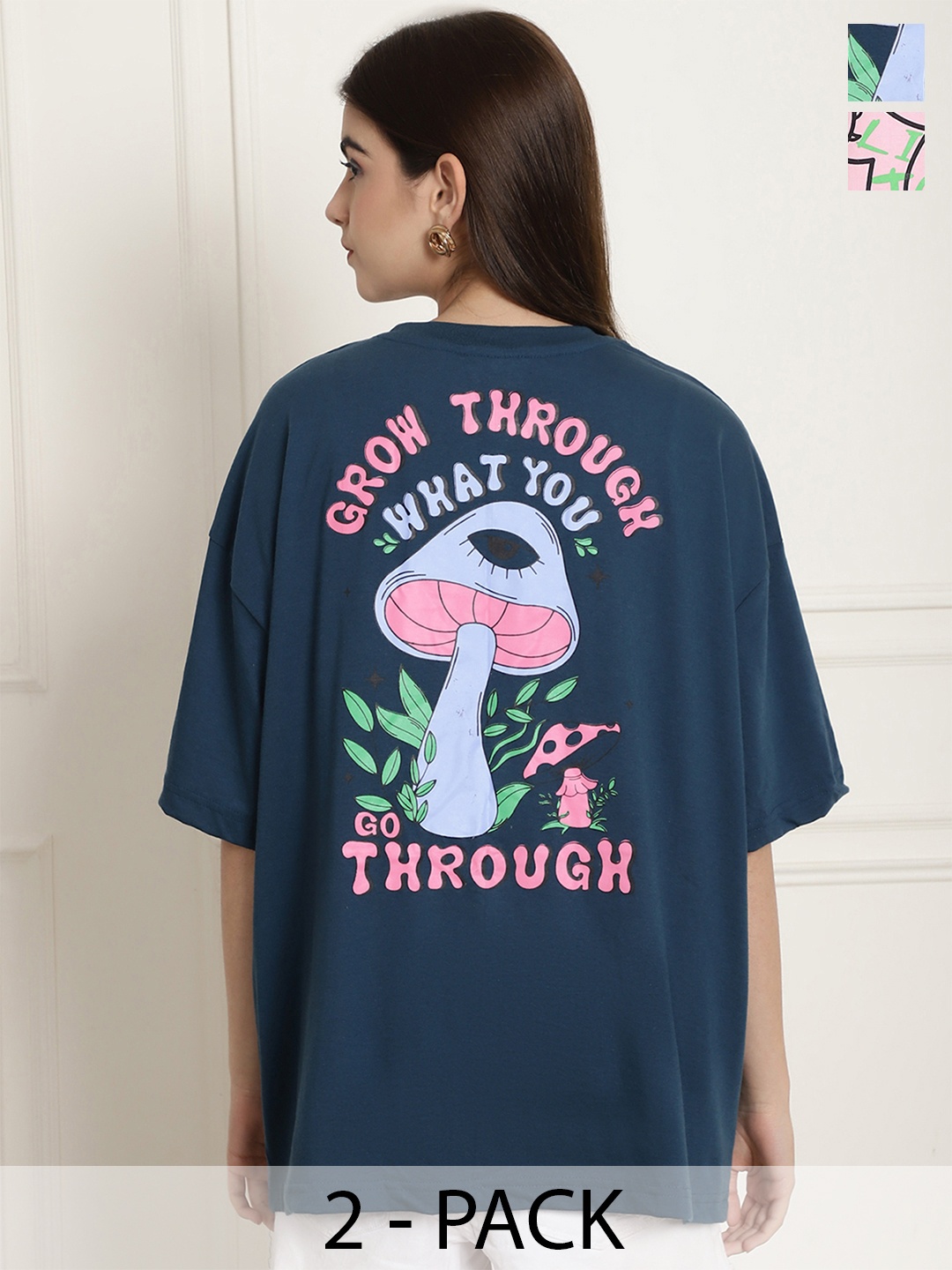 

Fabflee Pack Of 2 Typography Printed Drop-Shoulder Sleeves Oversized Cotton T-shirt, Pink