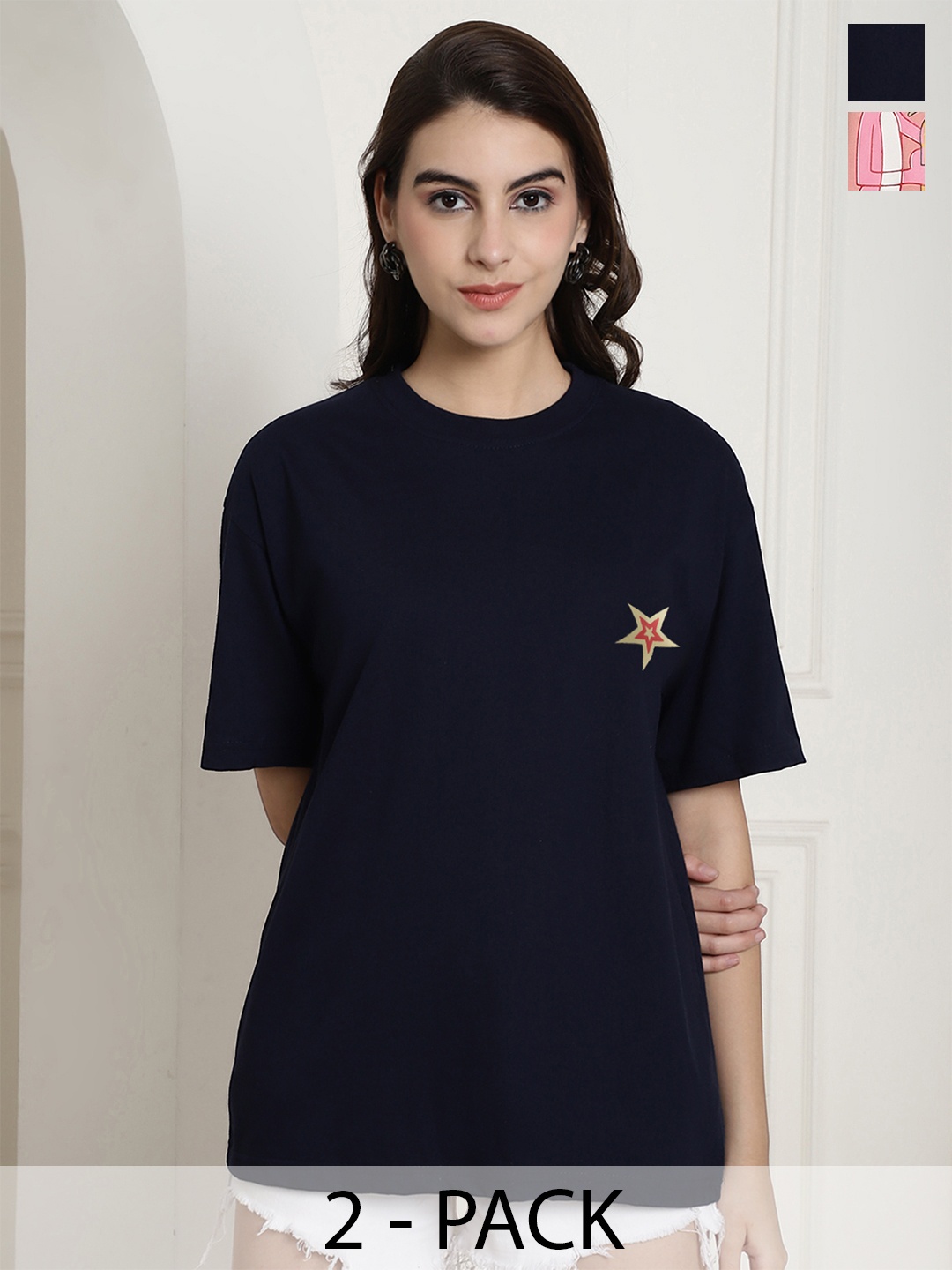 

Fabflee Pack Of 2 Typography Printed Drop-Shoulder Sleeves Cotton Oversized T-shirt, Peach
