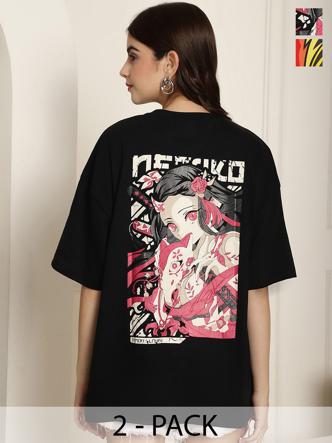 

Fabflee Pack Of 2 Humour and Comic Printed Drop-Shoulder Sleeves Cotton Oversized T-shirt, Cream