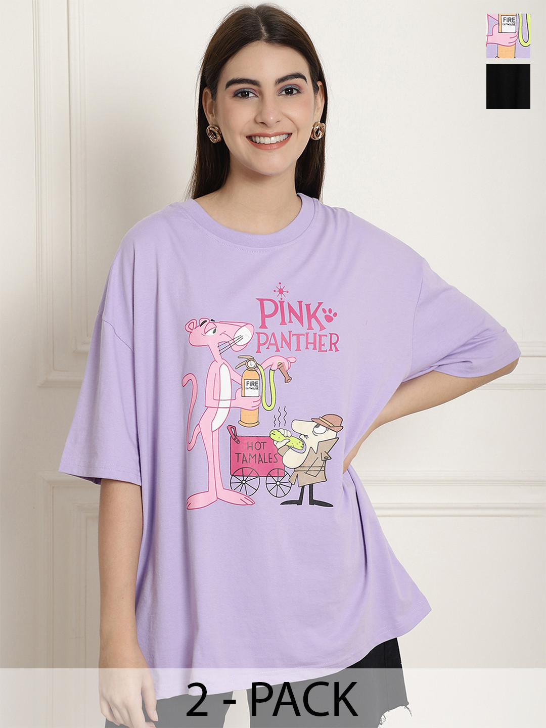 

Fabflee Pack Of 2 Printed Cotton Longline Oversized T-shirts, Lavender