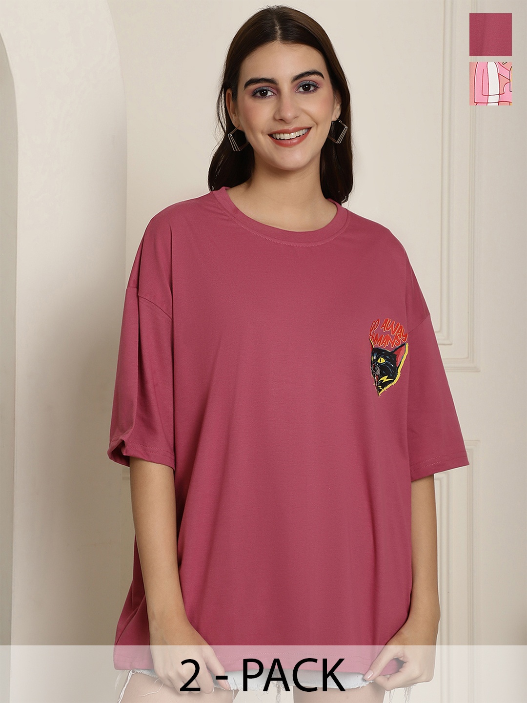 

Fabflee Pack Of 2 Printed Cotton Longline Oversized T-shirts, Peach