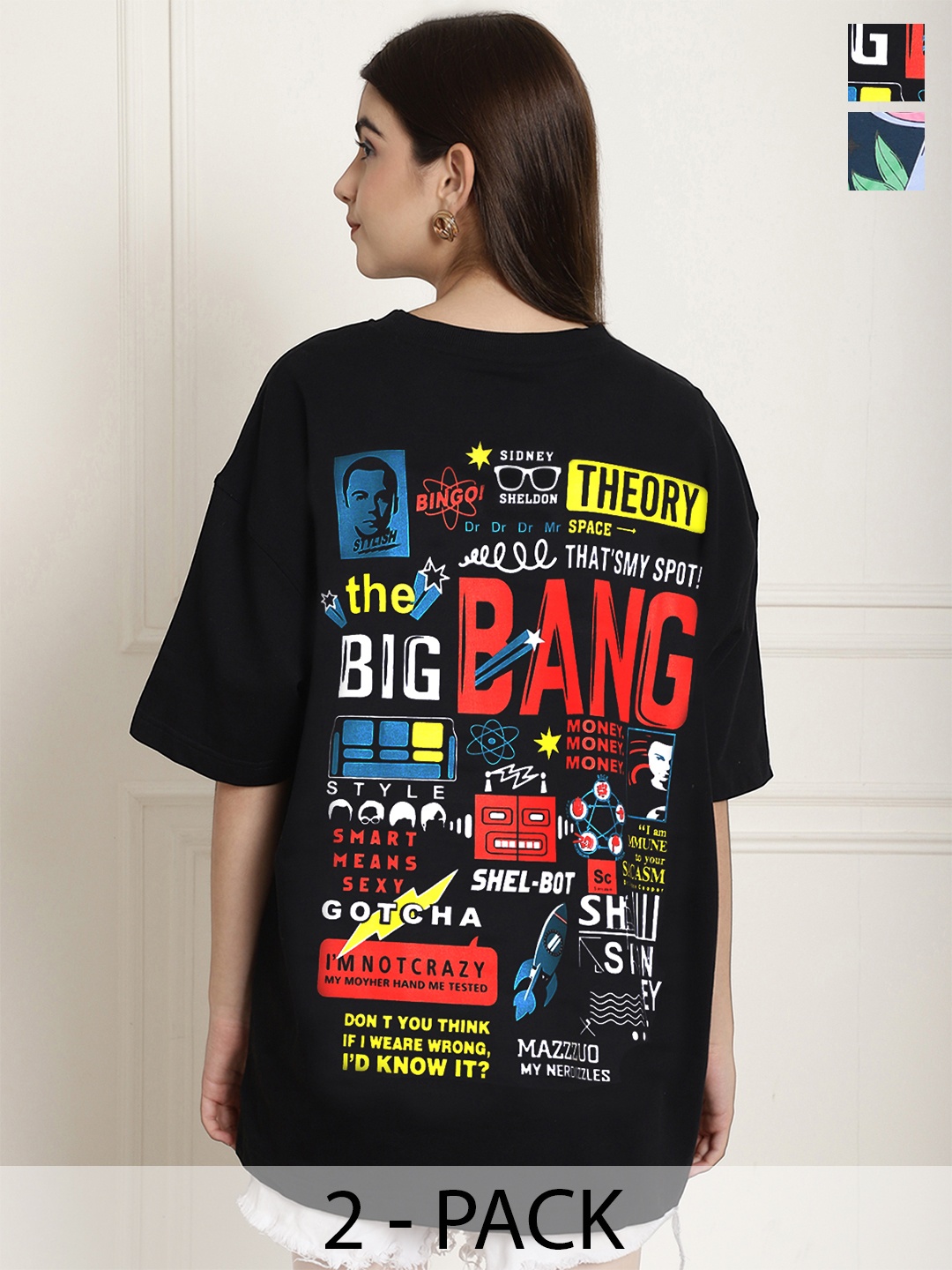 

Fabflee Pack Of 2 Printed Cotton Longline Oversized T-shirts, Black