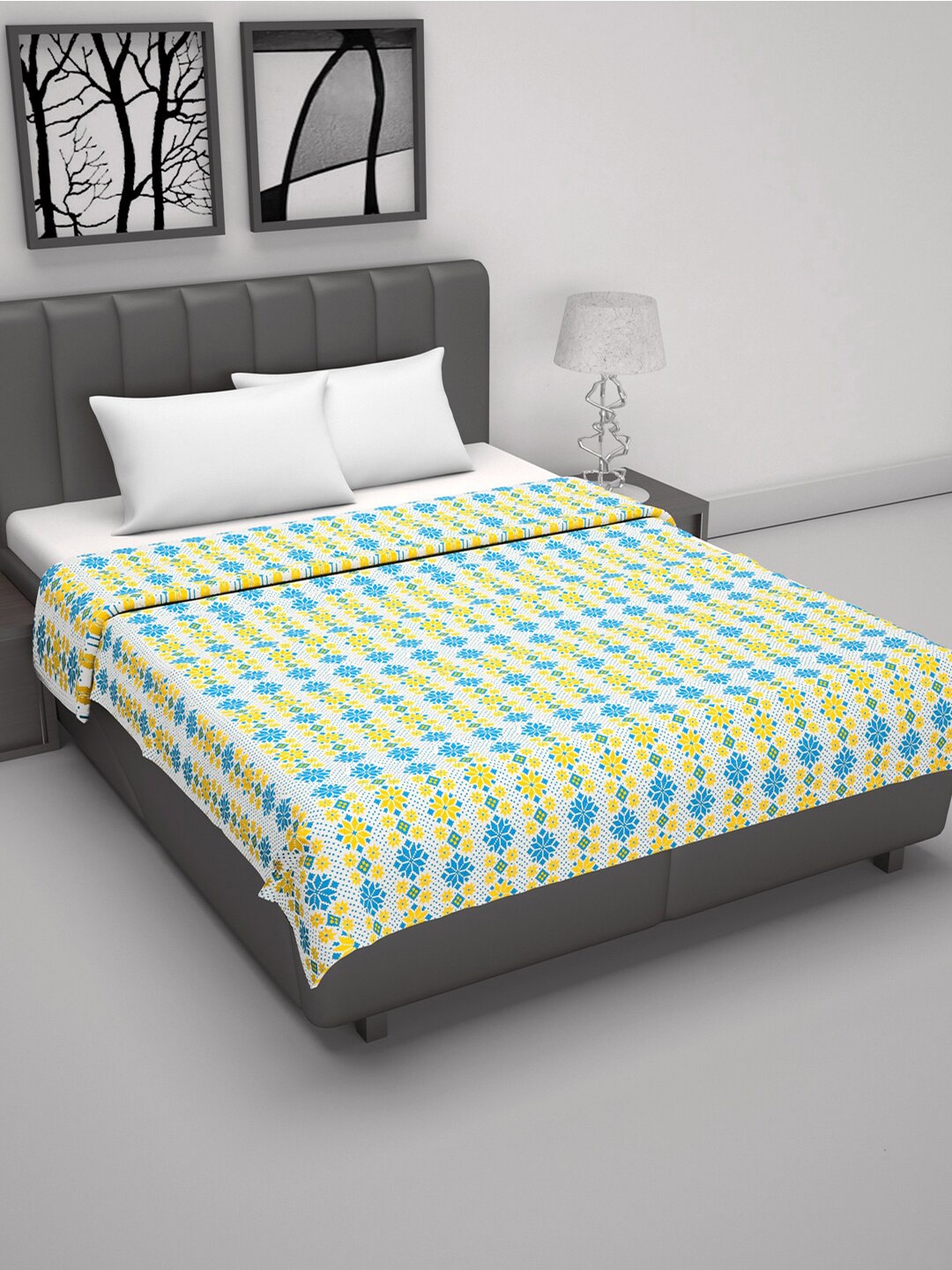 

Divine Casa Fushion Yellow & Blue Floral AC Room 120 GSM Double Bed Dohar