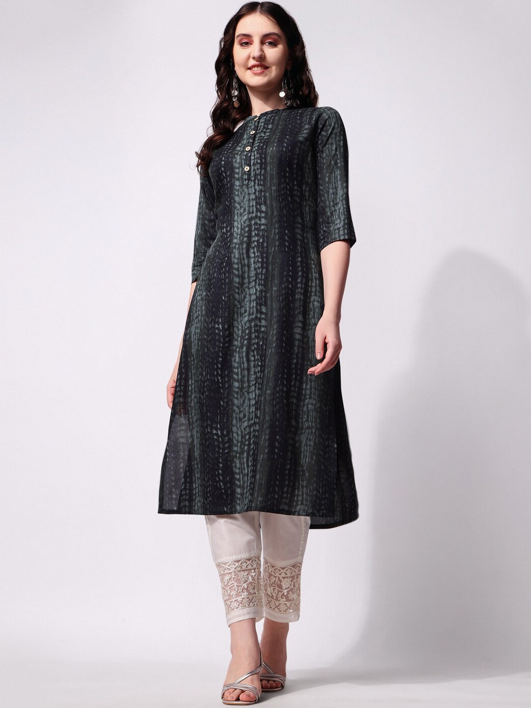 

KALINI Shibori Printed Mandarin Collar Straight Kurta, Grey