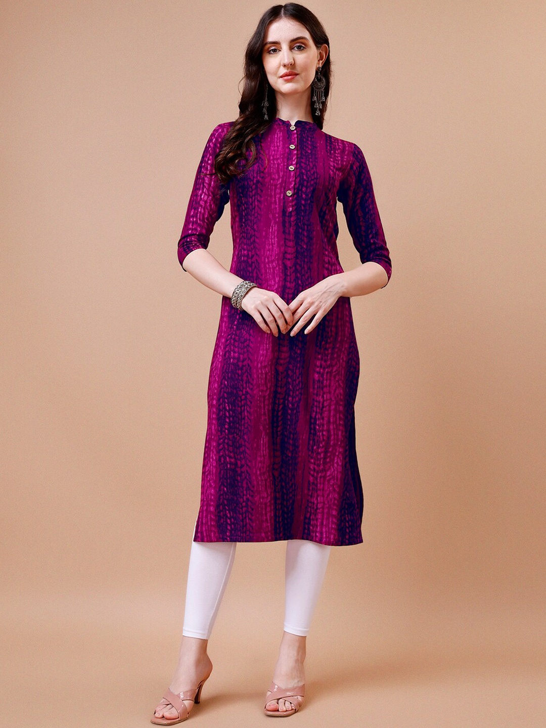 

KALINI Shibori Printed Mandarin Collar Straight Kurta, Purple