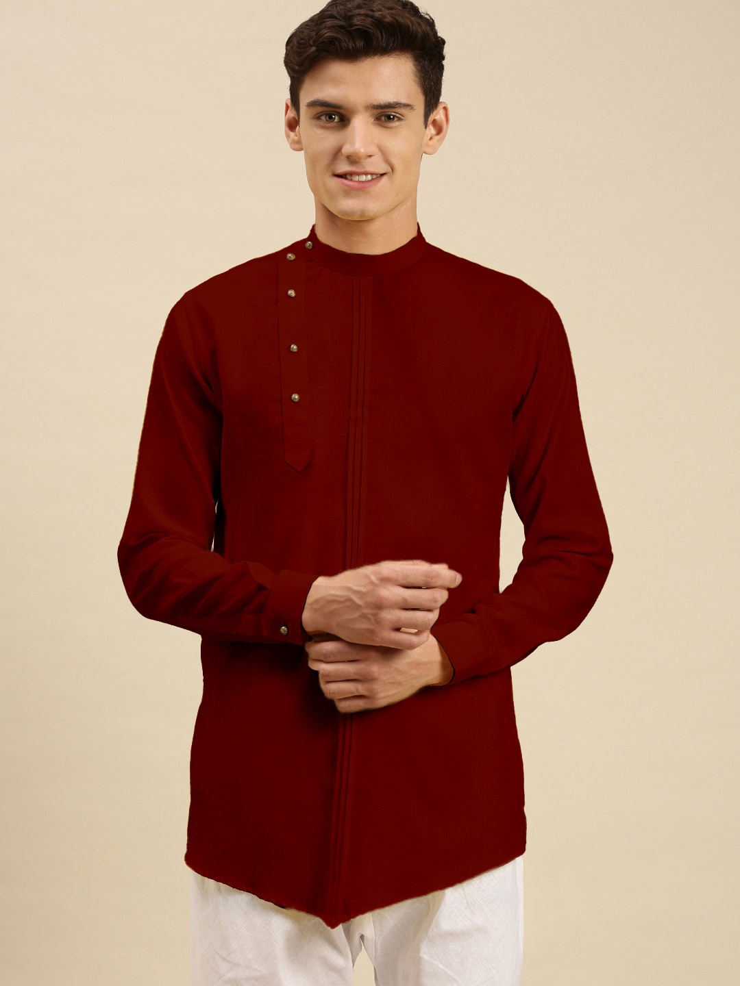 

Sanwara Band Collar Angrakha Cotton Kurta, Maroon