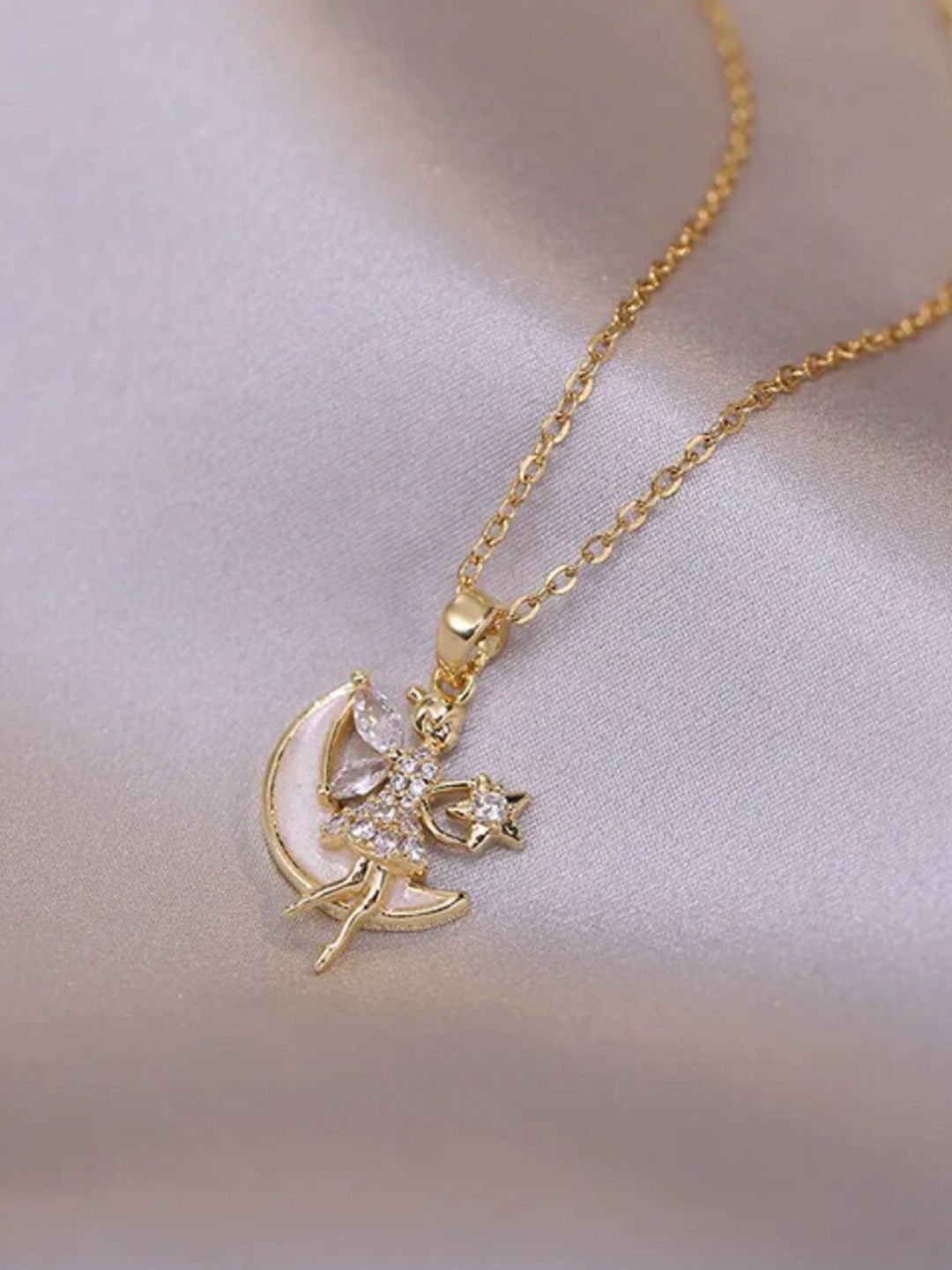 

DressBerry Gold Toned Moon Angel- Shaped Pendants with Chains