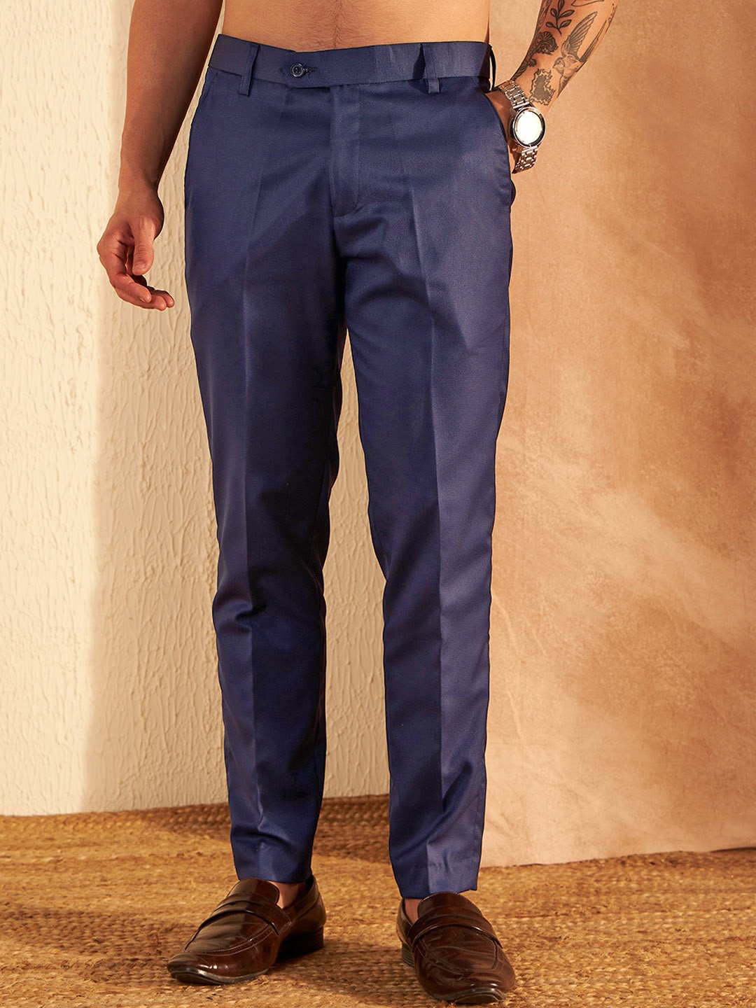 

DENNISON Men Smart Tapered Fit Easy Wash Trousers, Navy blue