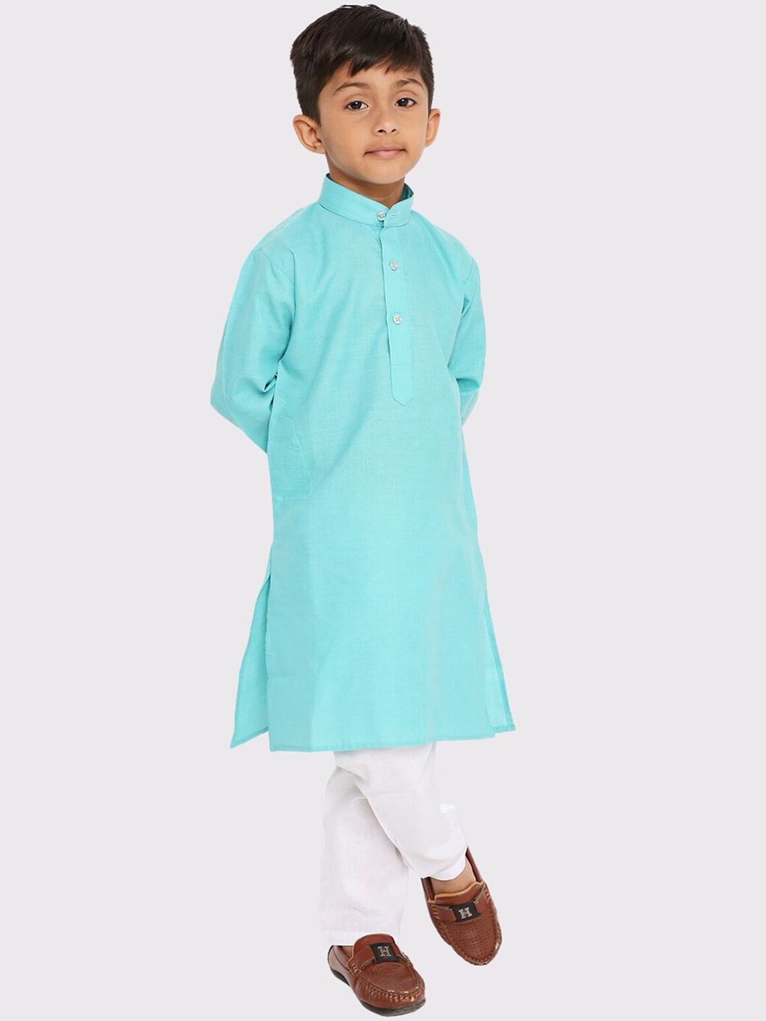 

Maharaja Boys Mandarin Collar Straight Kurta with Pyjamas, Turquoise blue