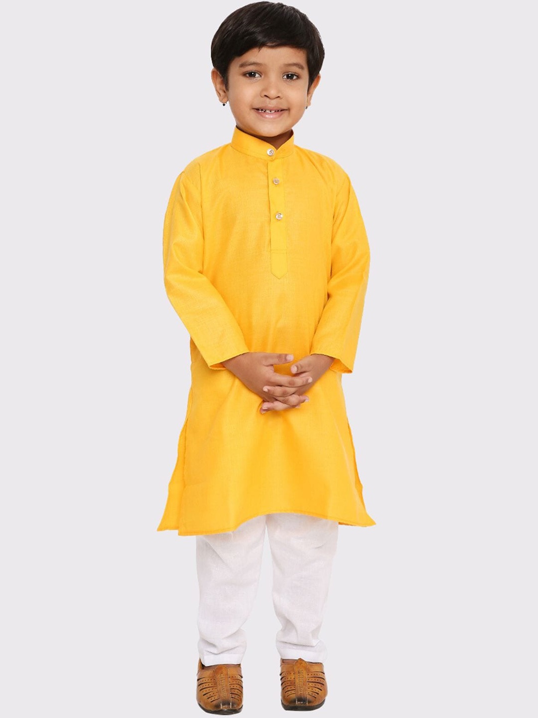 

Maharaja Boys Mandarin Collar Regular Kurta With Pyjama, Mustard
