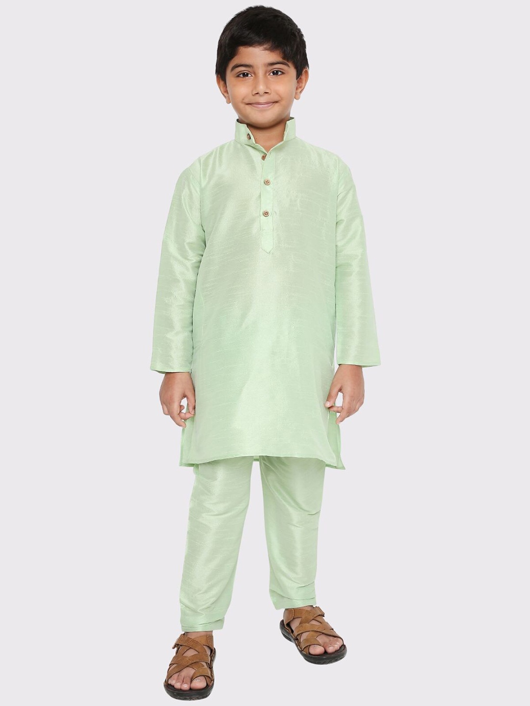 

Maharaja Boys Band Collar Dupion Silk Straight Kurta With Pyjamas, Lime green