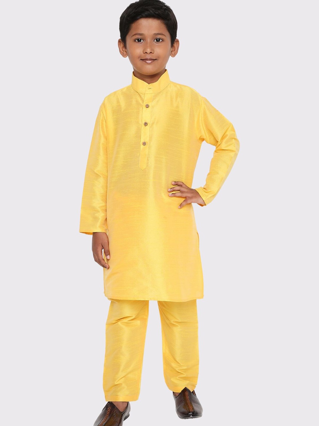 

Maharaja Boys Band Collar Dupion Silk Straight Kurta With Pyjamas, Yellow