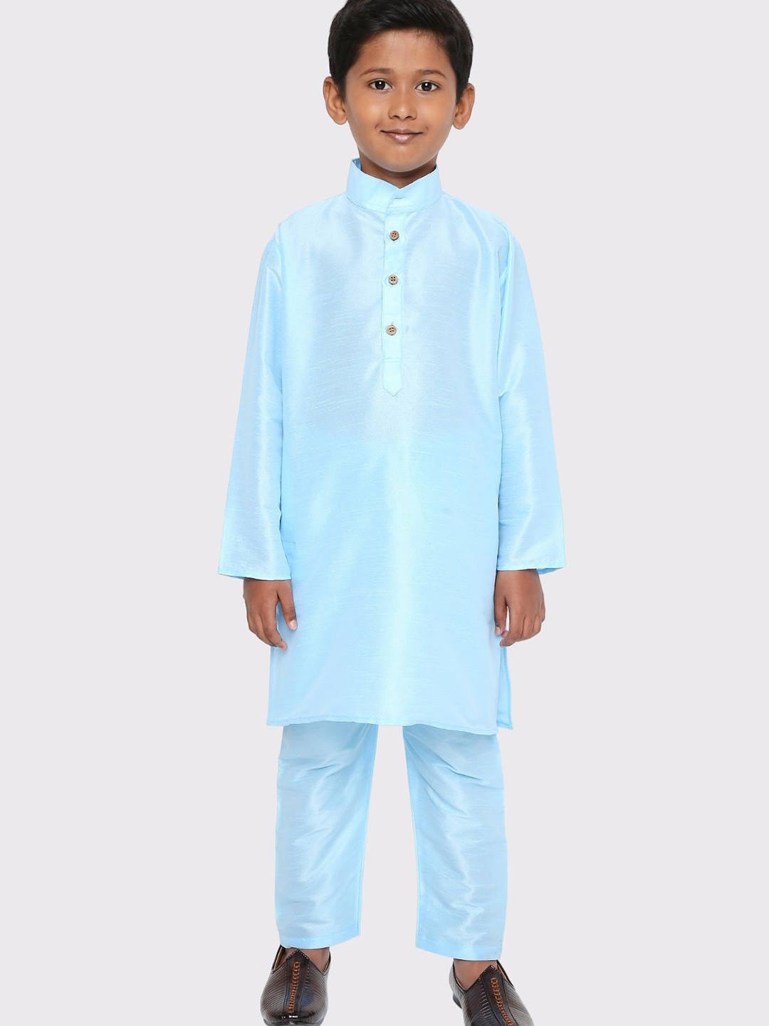 

Maharaja Boys Band Collar Regular Dupion Silk Kurta With Pyjamas, Turquoise blue