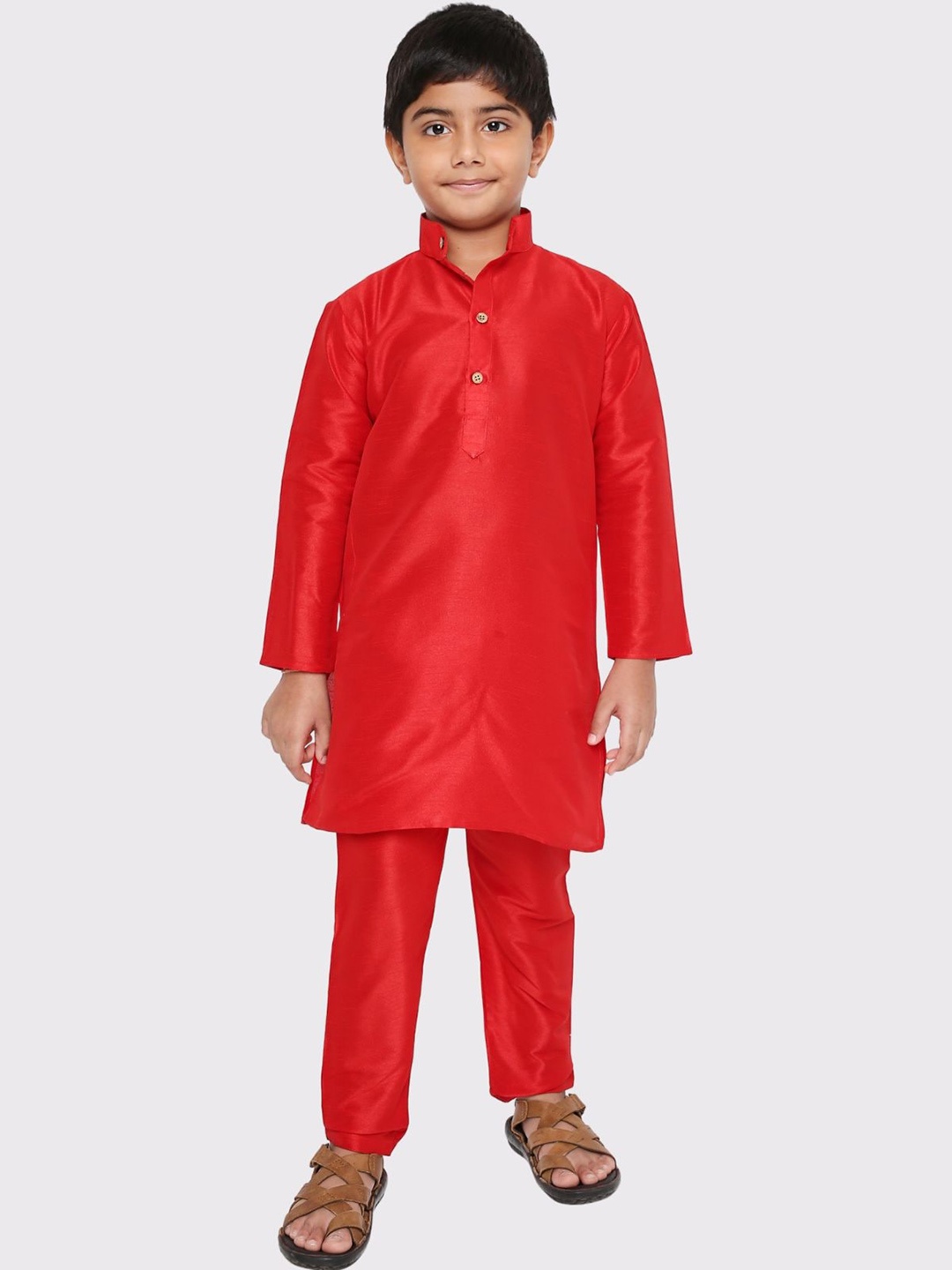 

Maharaja Boys Mandarin Collar Regular Dupion Silk Kurta With Pyjama, Red