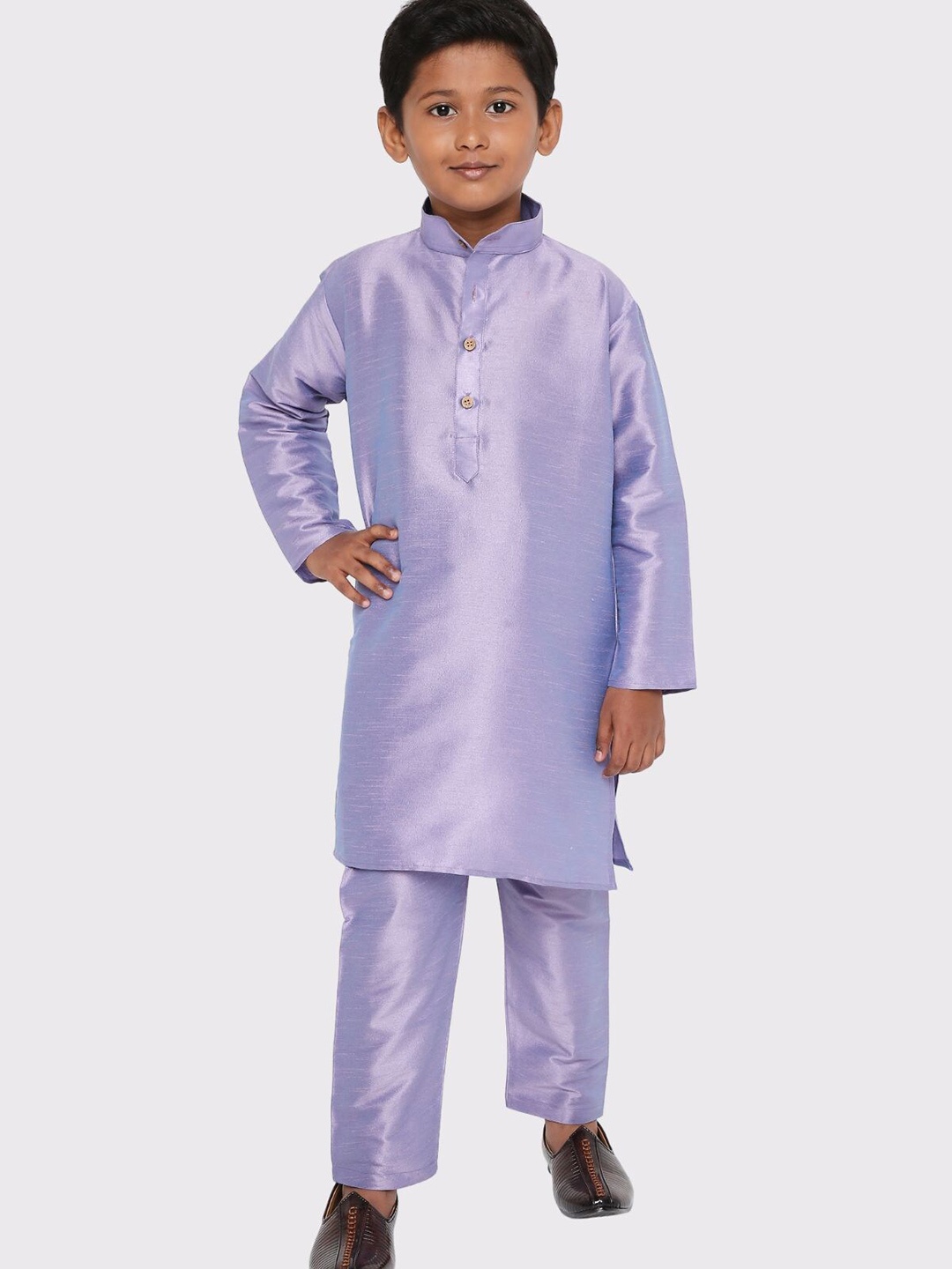 

Maharaja Boys Mandarin Collar Regular Dupion Silk Kurta With Pyjama, Lavender