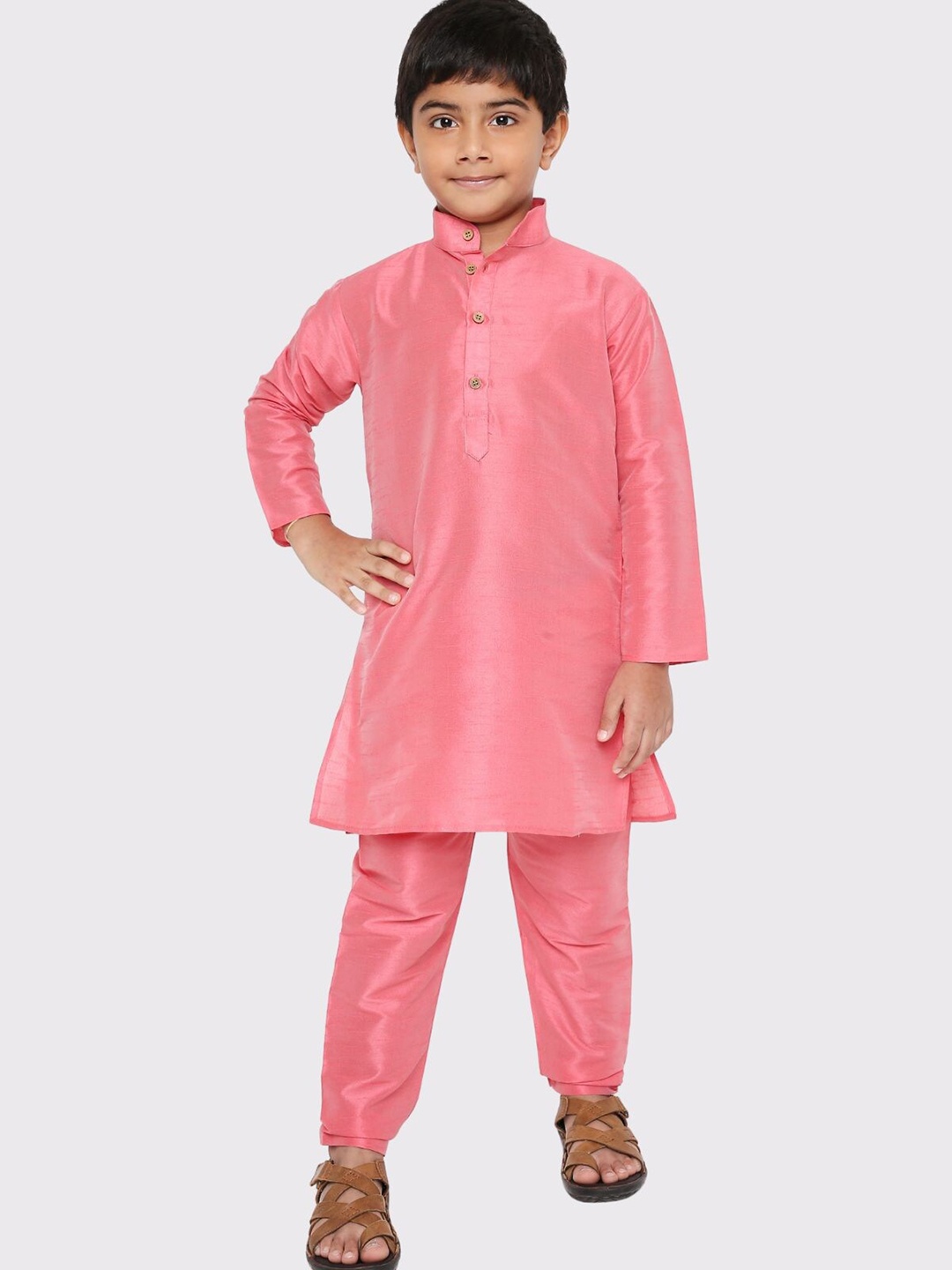 

Maharaja Boys Mandarin Collar Regular Dupion Silk Kurta With Pyjama, Pink