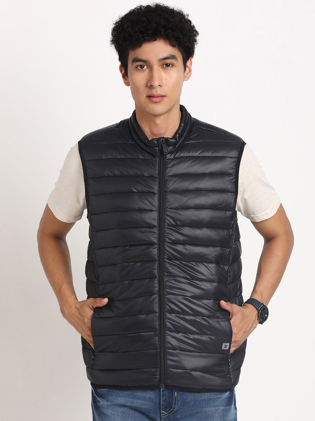 

Turtle Mandarin Collar Windcheater Puffer Jacket, Black