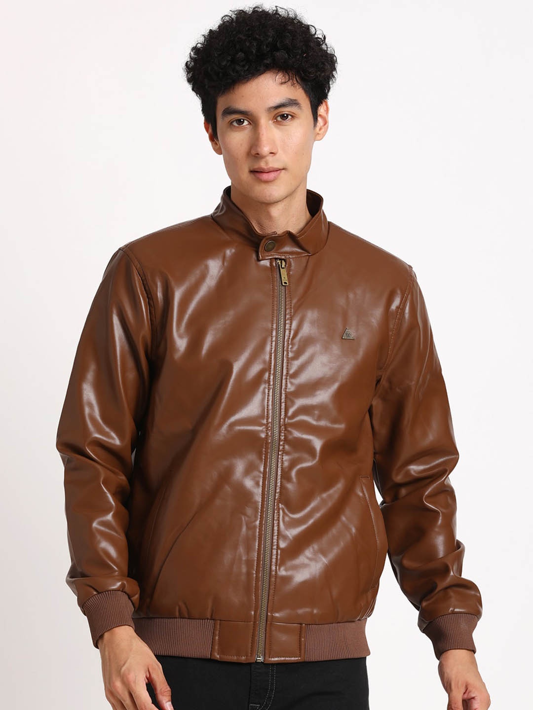 

Turtle Mock Collar Cotton Windcheater Biker Jacket, Brown