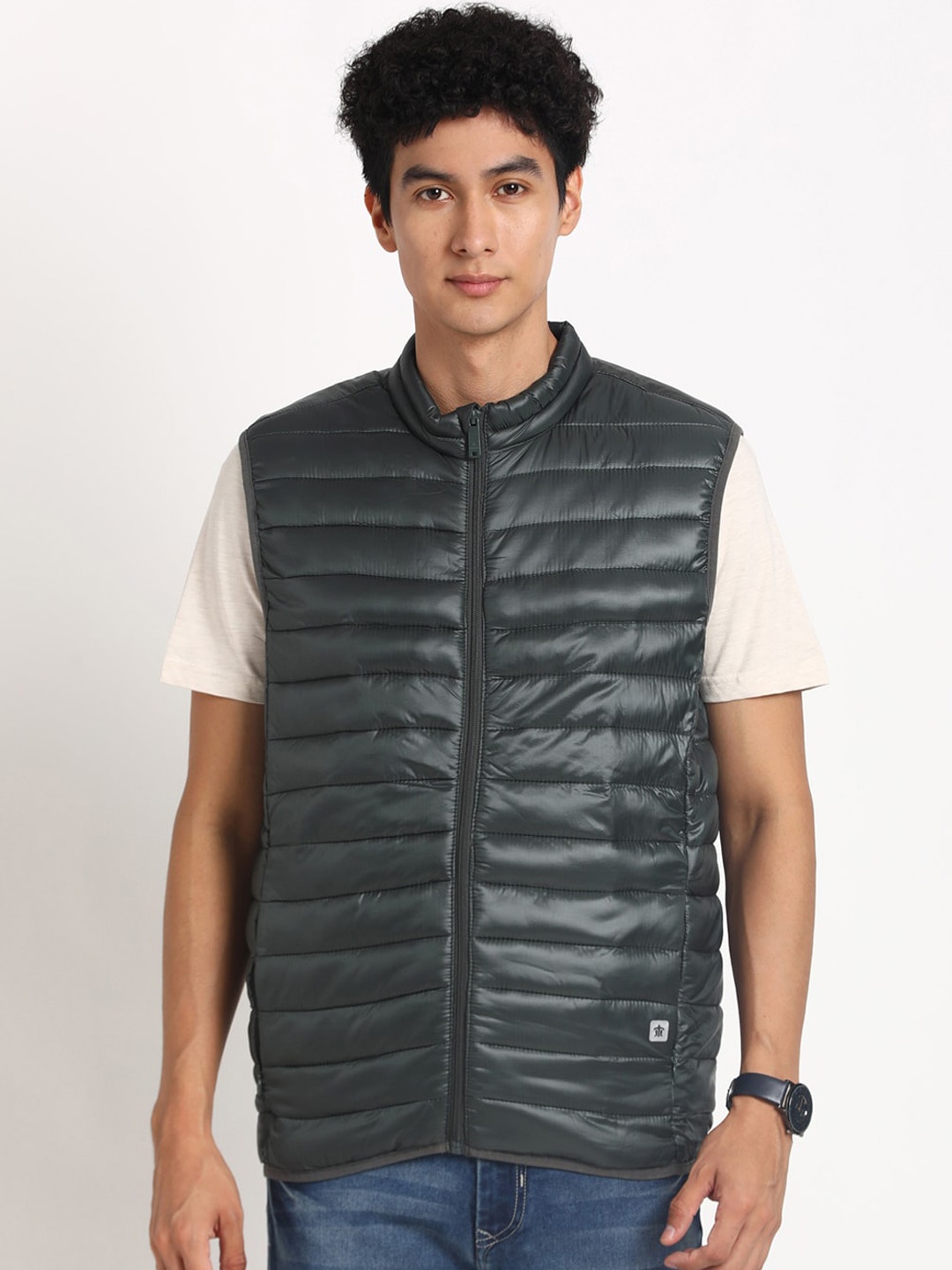 

Turtle Mandarin Collar Windcheater Puffer Jacket, Olive