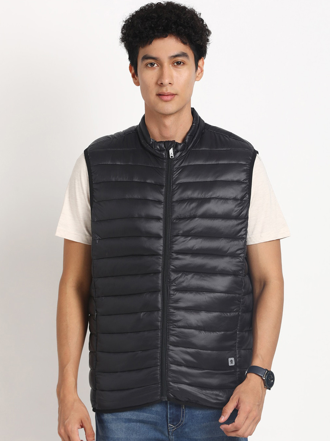 

Turtle Mandarin Collar Windcheater Puffer Jacket, Black