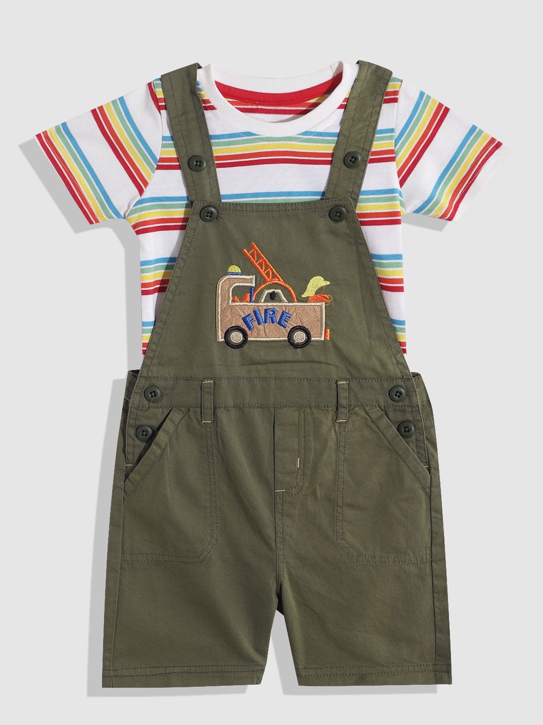 

YK Boys Embroidered Detail Pure Cotton Dungarees with T-shirt, Olive