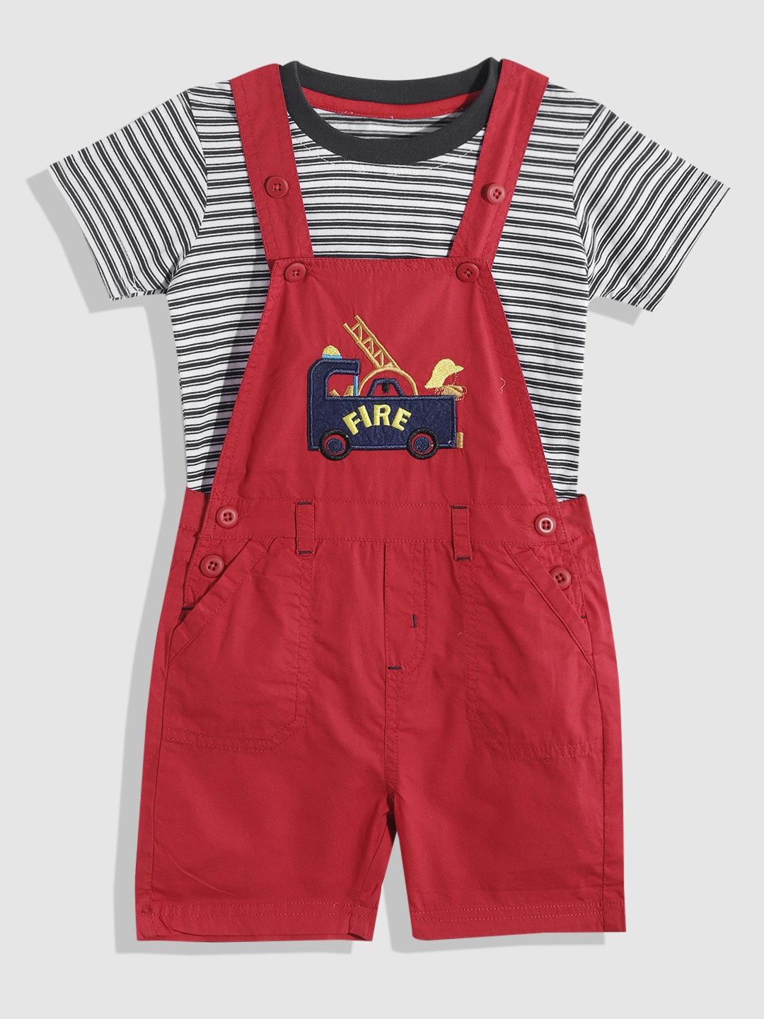 

YK Boys Embroidered Detail Pure Cotton Dungarees with T-shirt, Red