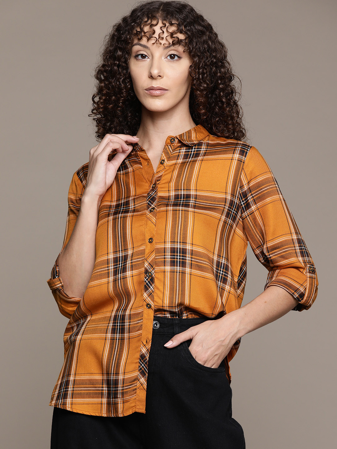 

Roadster Women Tartan Checked Casual Shirt, Mustard