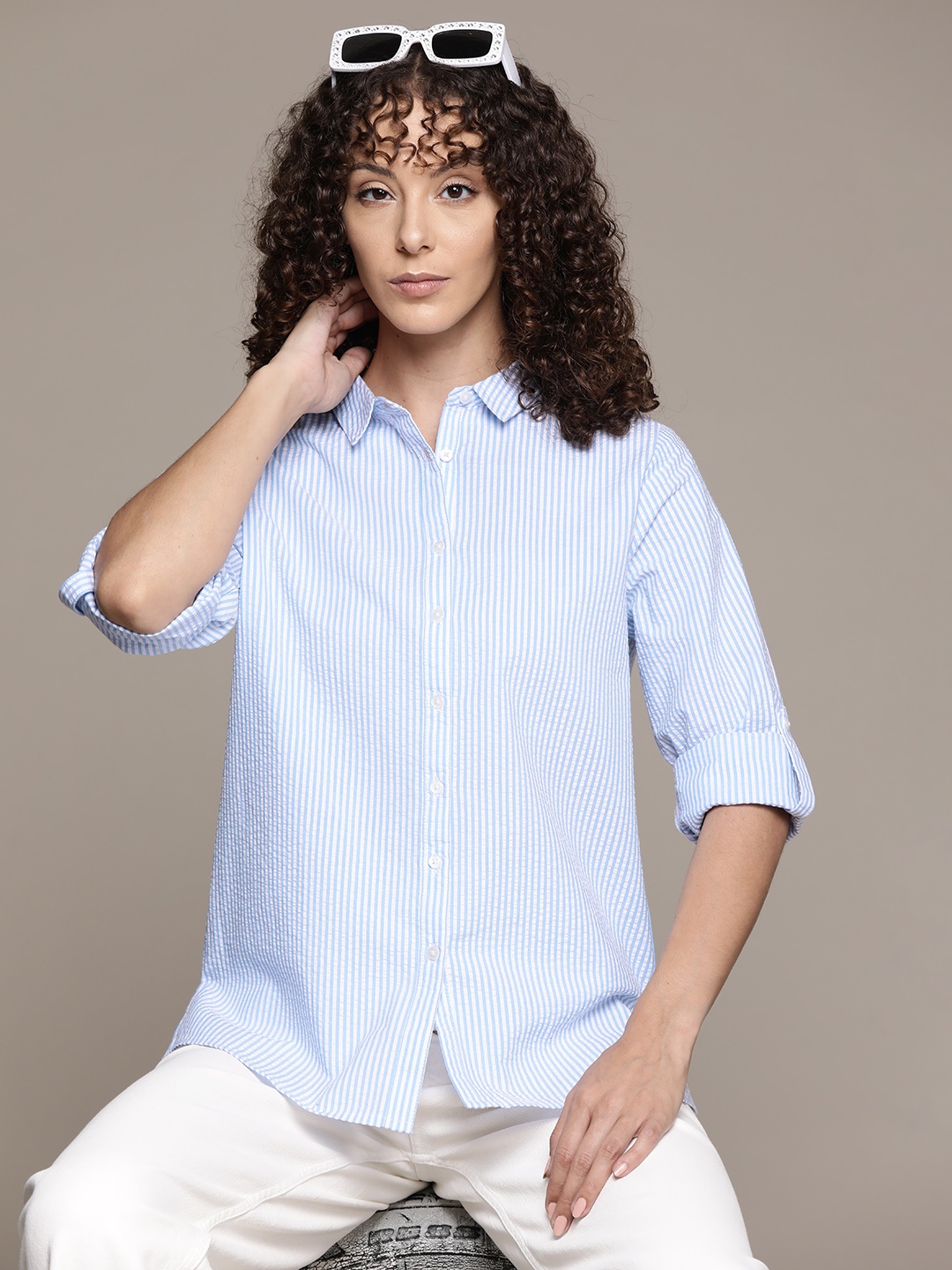 

Roadster Women Opaque Striped Cotton Casual Shirt, Blue