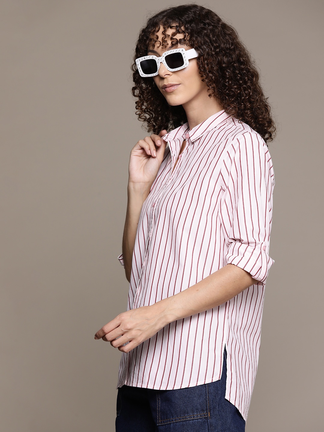 Roadster Women Opaque Striped Casual Shirt, Pink