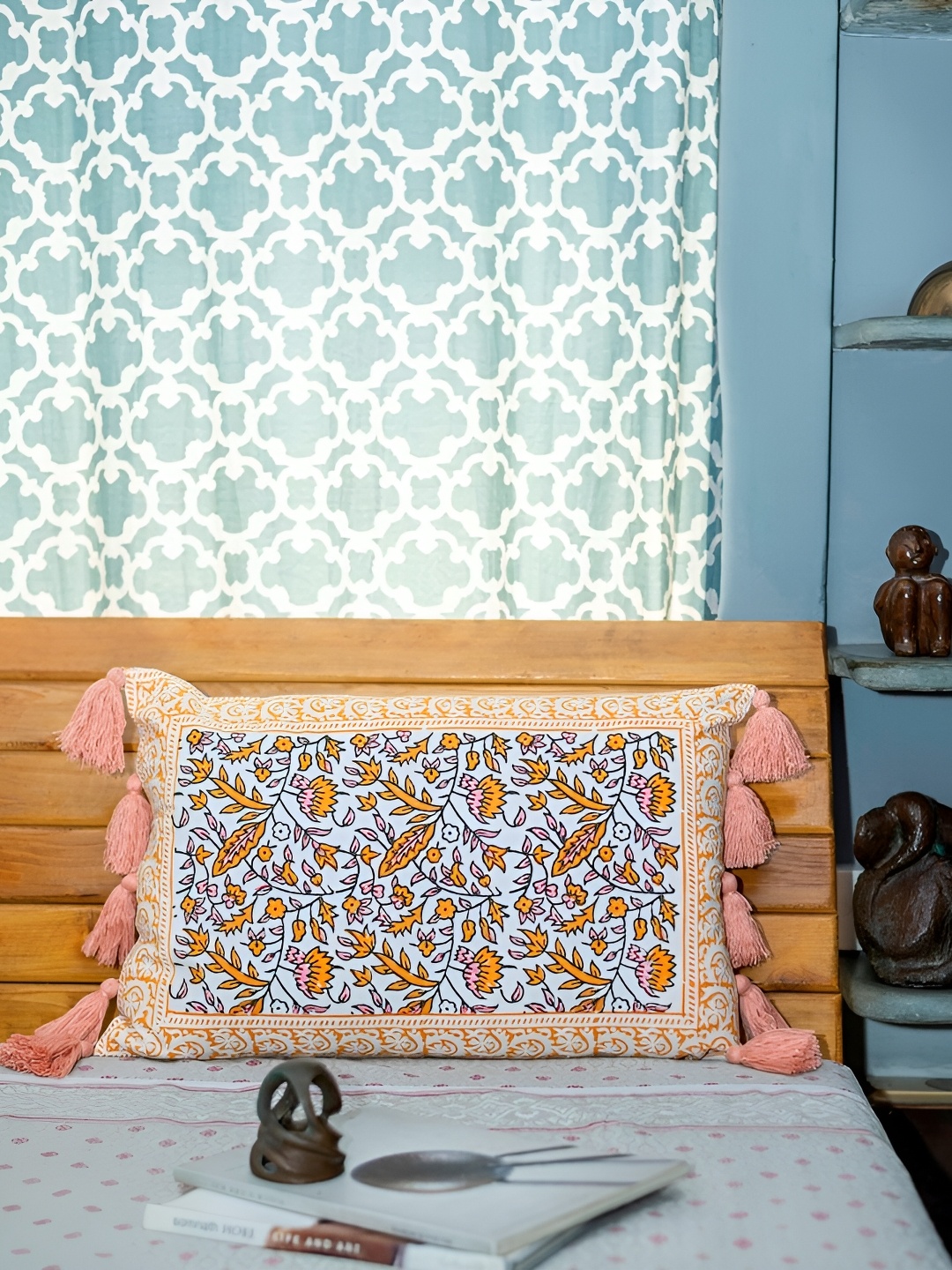 

ABSTRACT INDIA Yellow & White Floral Printed Cotton Rectangle Cushion Cover