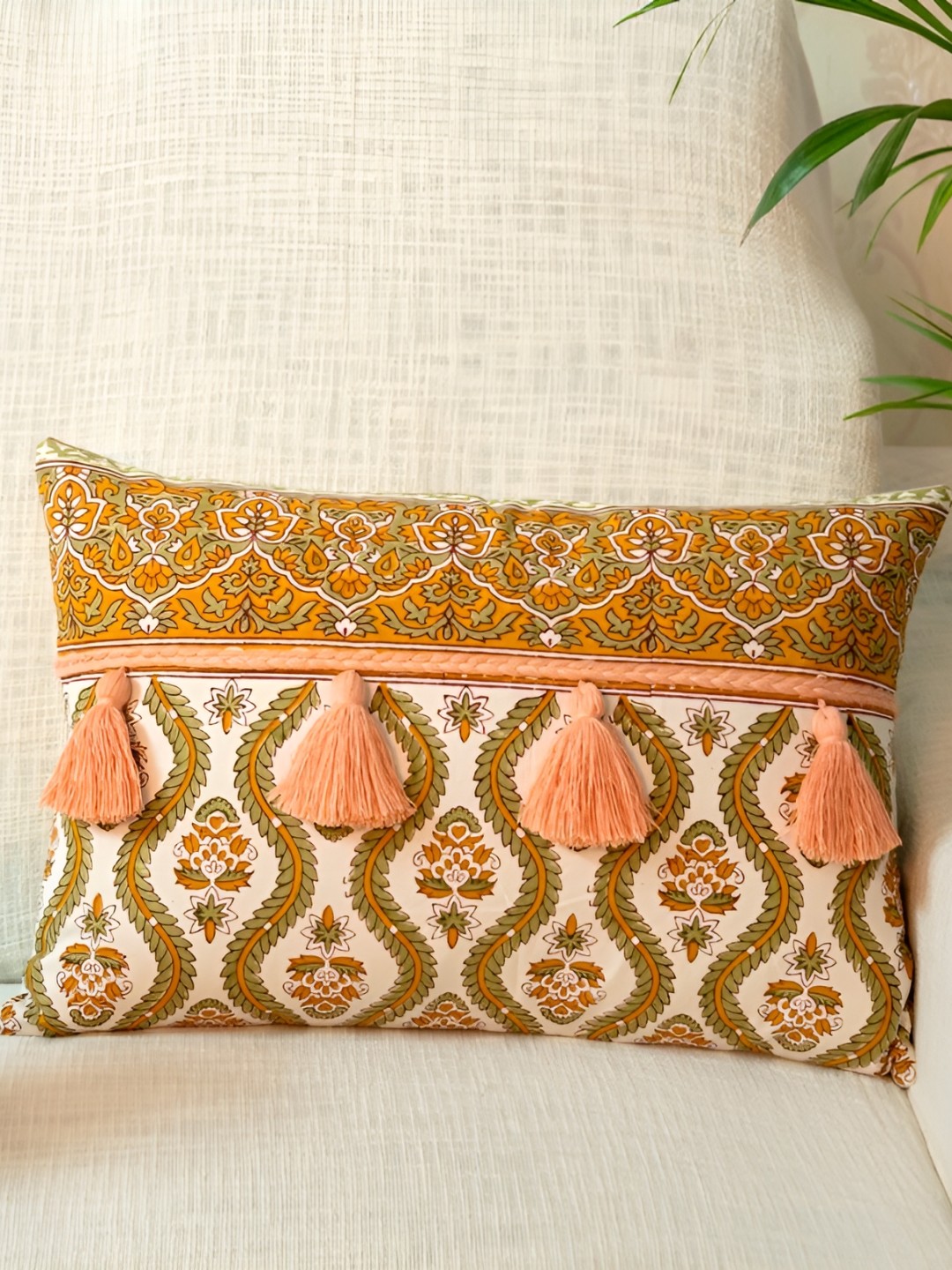 

ABSTRACT INDIA Yellow & Green Floral Printed Cotton Rectangular Cushion Cover
