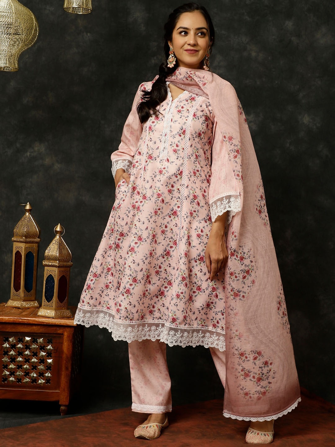 

Jaipur Kurti Printed A-line Kurta With Palazzo And Dupatta, Pink