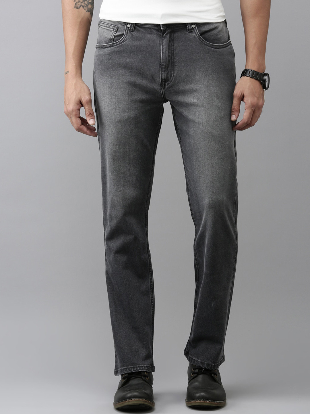 

Mast & Harbour Men Grey Mid Rise Bootcut Clean Look Heavy Fade Stretchable Jeans