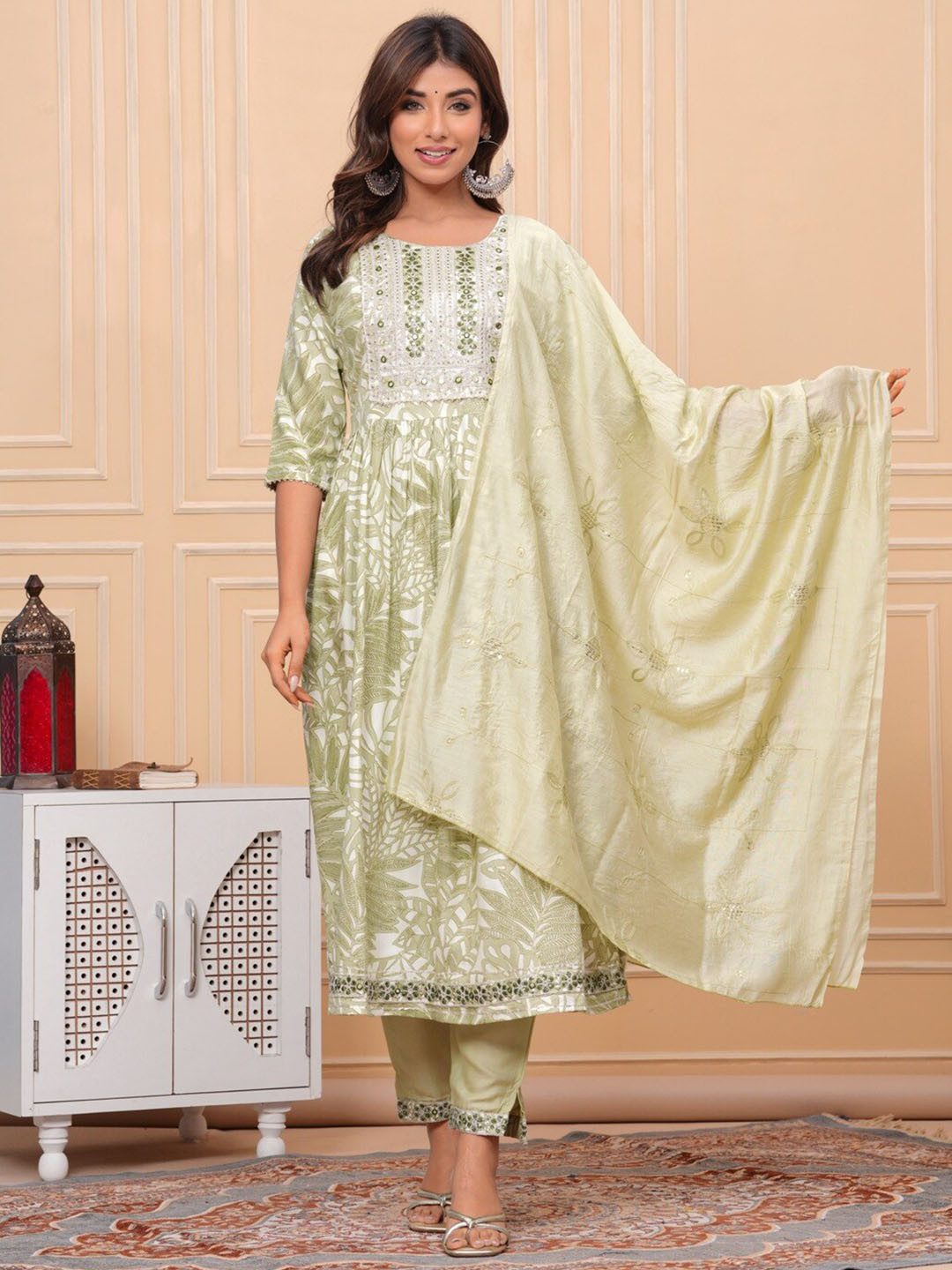 

UNISETS Floral Printed Mirror Work Pleated A-Line Kurta With Trousers & Dupatta, Green