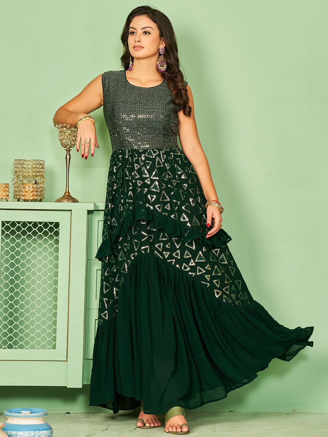 

KALINI Geometric Embroidered Sequinned Detailed Maxi Ethnic Dress, Green