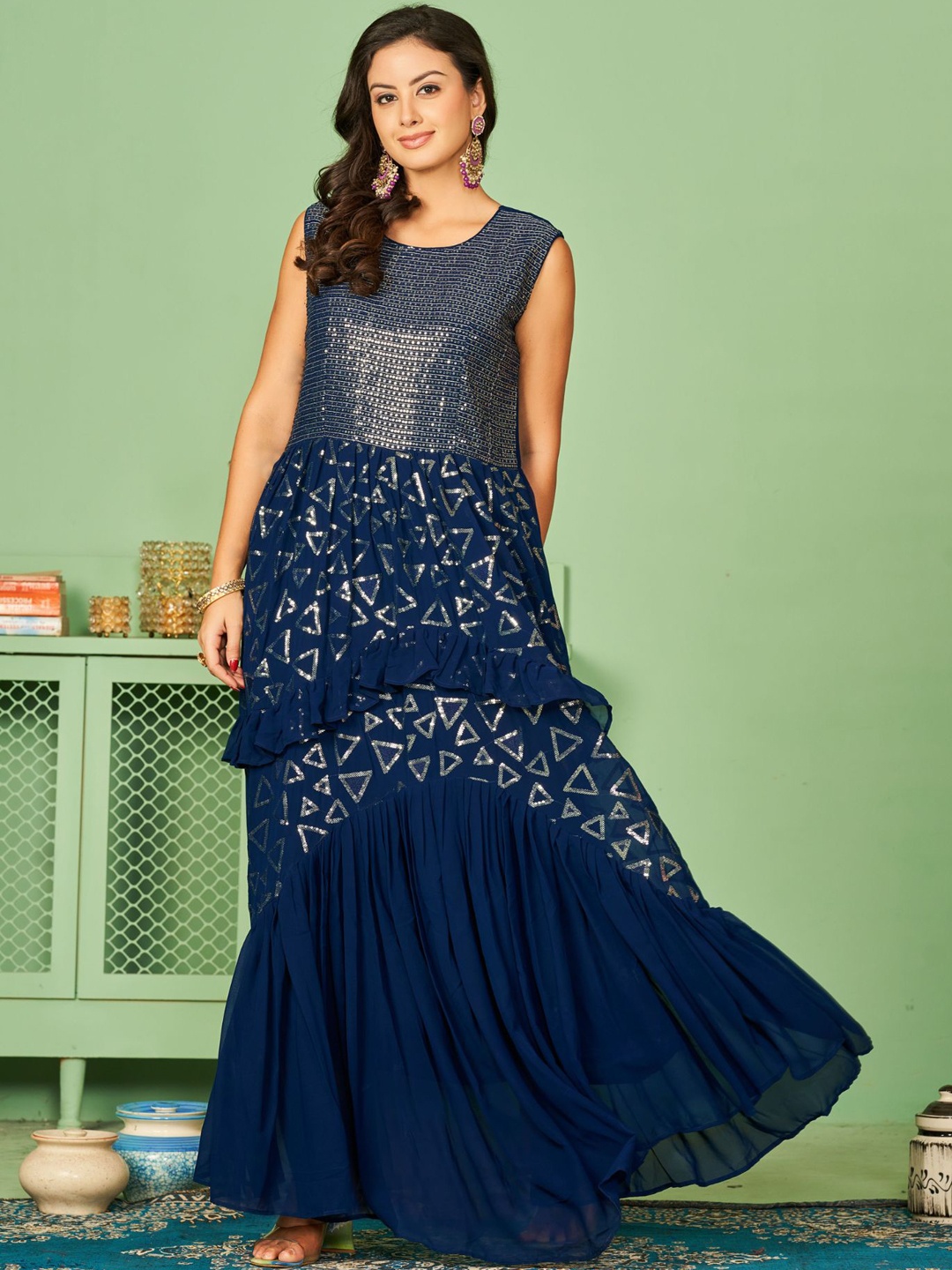 

KALINI Geometric Embroidered Sequinned Detailed Maxi Ethnic Dress, Navy blue