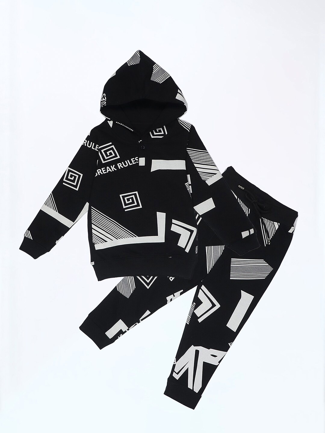 

BE AWARA Kids Printed Hooded Pure Cotton Sweatshirt with Joggers, Black