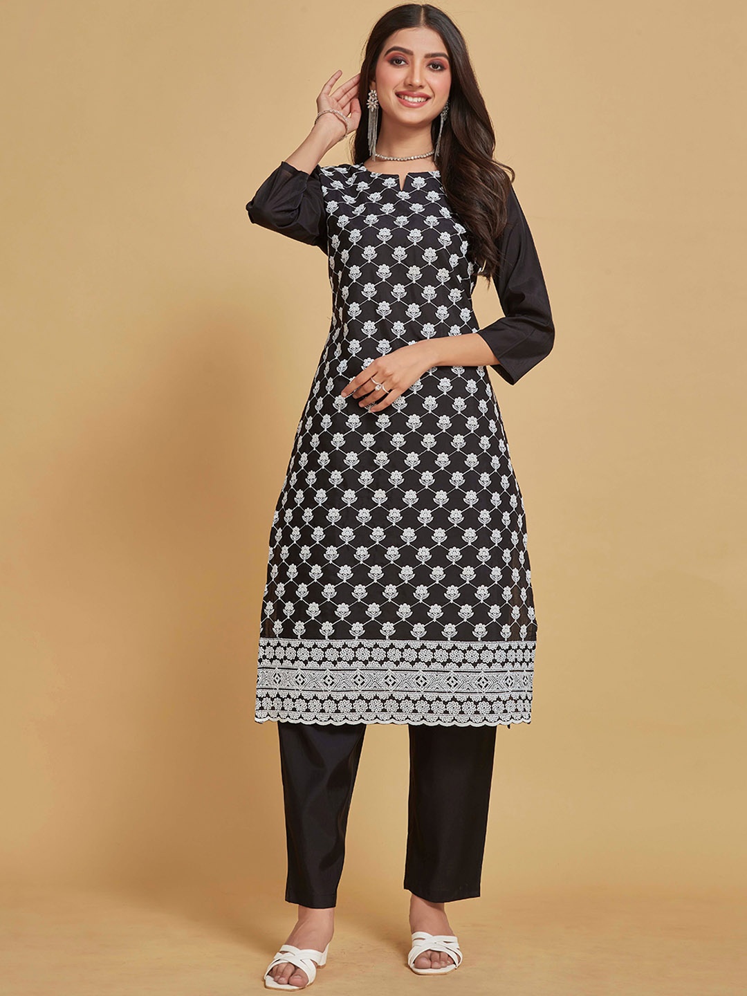 

Sangria Black Floral Embroidered Pure Cotton Straight Kurta & Trousers