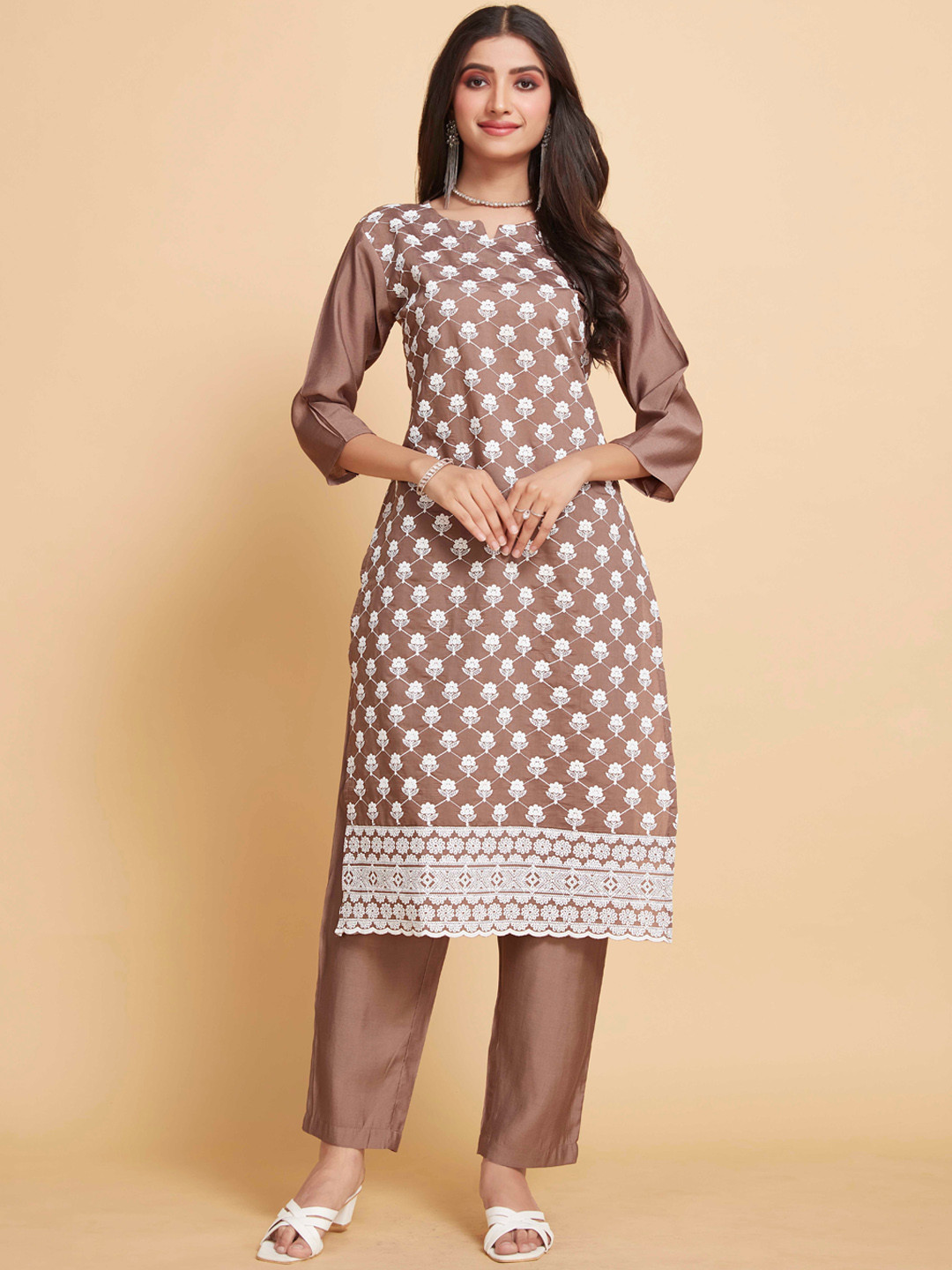 

Sangria Brown Floral Embroidered Pure Cotton Straight Kurta & Trousers
